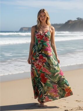 Primark Tropical Floral Maxi Dress - Green Multi